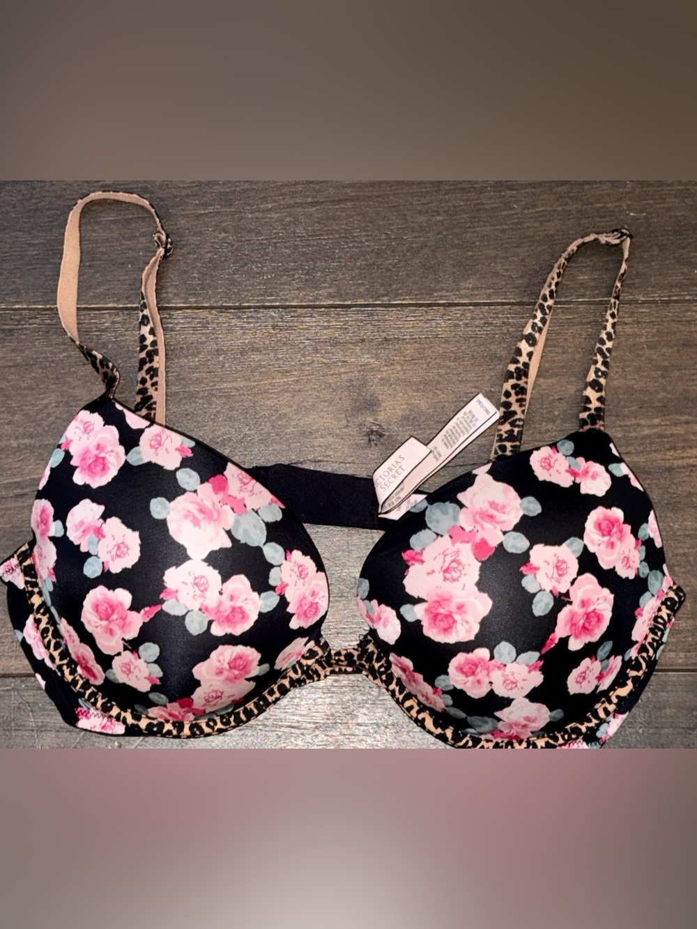 Victoria’s Secret Push-Up Bra 36C Black Pink Floral Leopard Trim Underwire | EUC